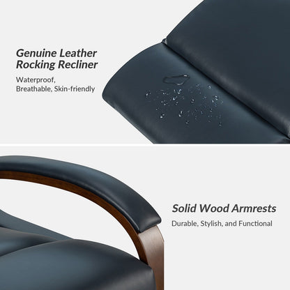 Poltrona girevole a dondolo reclinabile manuale Leopold in vera pelle con braccioli in legno, set da 2 di HULALA HOME