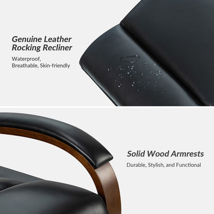 Poltrona girevole a dondolo reclinabile manuale Leopold in vera pelle con braccioli in legno, set da 2 di HULALA HOME