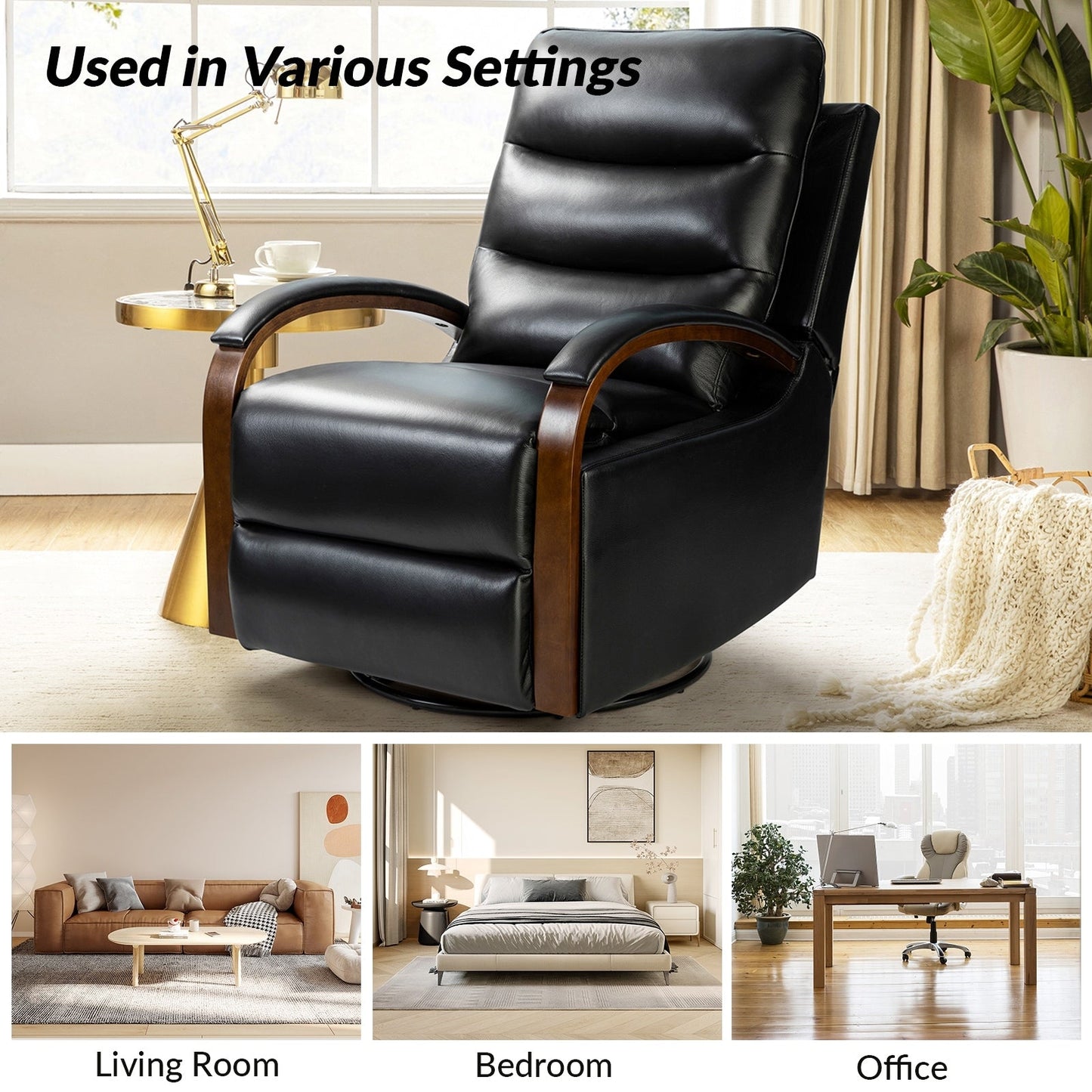 Poltrona girevole a dondolo reclinabile manuale Leopold in vera pelle con braccioli in legno, set da 2 di HULALA HOME