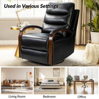 Poltrona girevole a dondolo reclinabile manuale Leopold in vera pelle con braccioli in legno, set da 2 di HULALA HOME