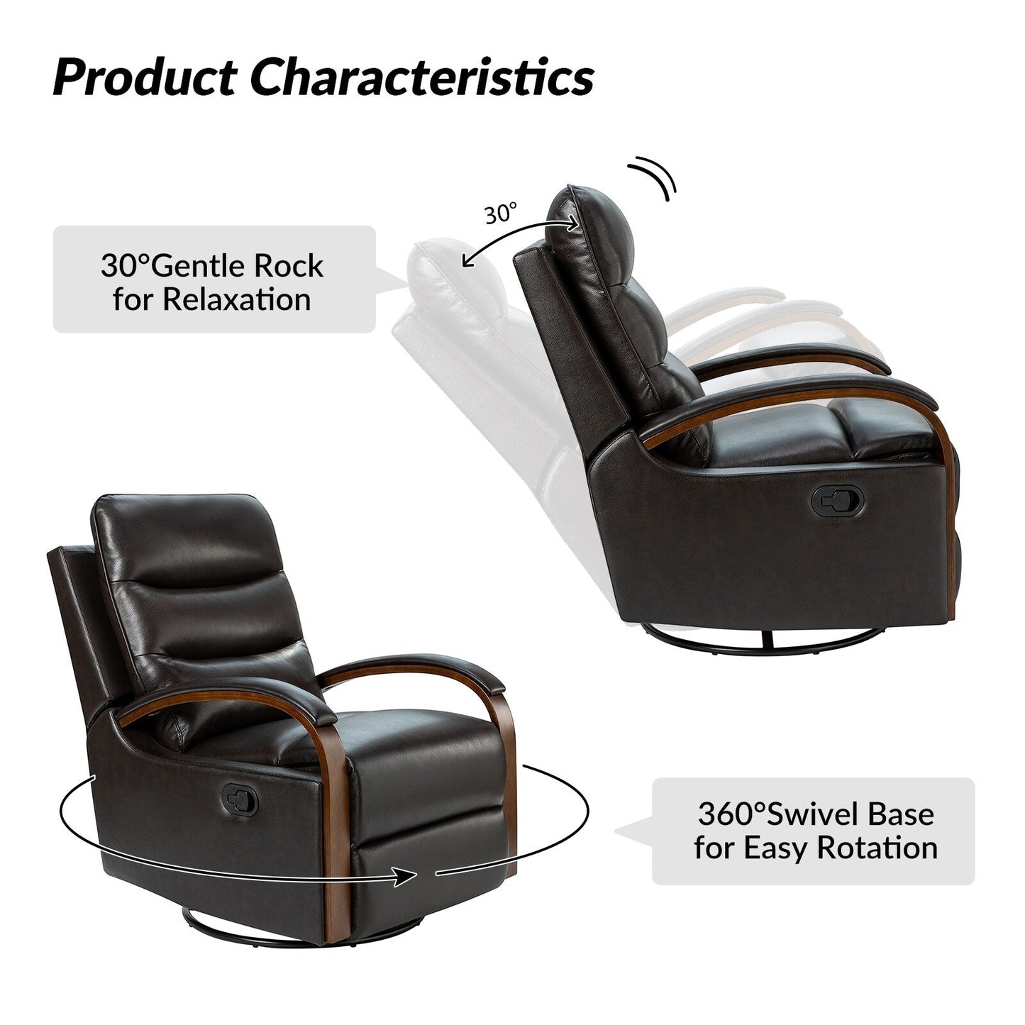 Poltrona girevole a dondolo reclinabile manuale Leopold in vera pelle con braccioli in legno, set da 2 di HULALA HOME