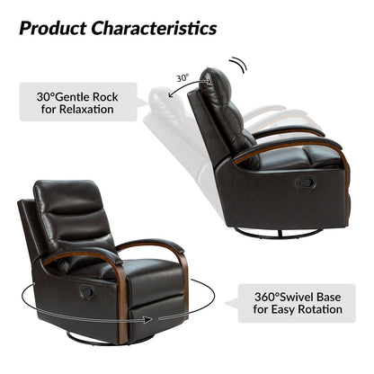 Poltrona girevole a dondolo reclinabile manuale Leopold in vera pelle con braccioli in legno, set da 2 di HULALA HOME