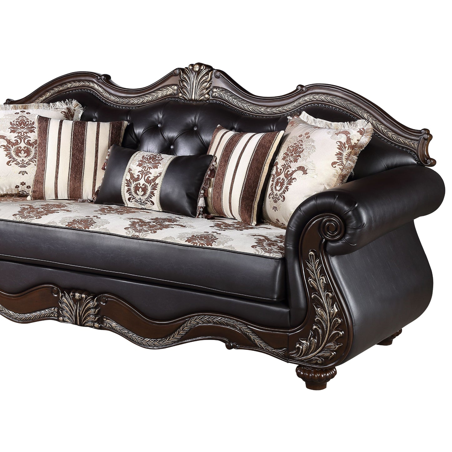 Divano Liana, similpelle nera, legno massello color ciliegio, 93 pollici