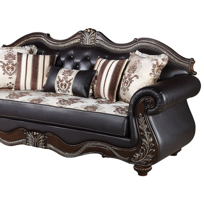 Divano Liana, similpelle nera, legno massello color ciliegio, 93 pollici