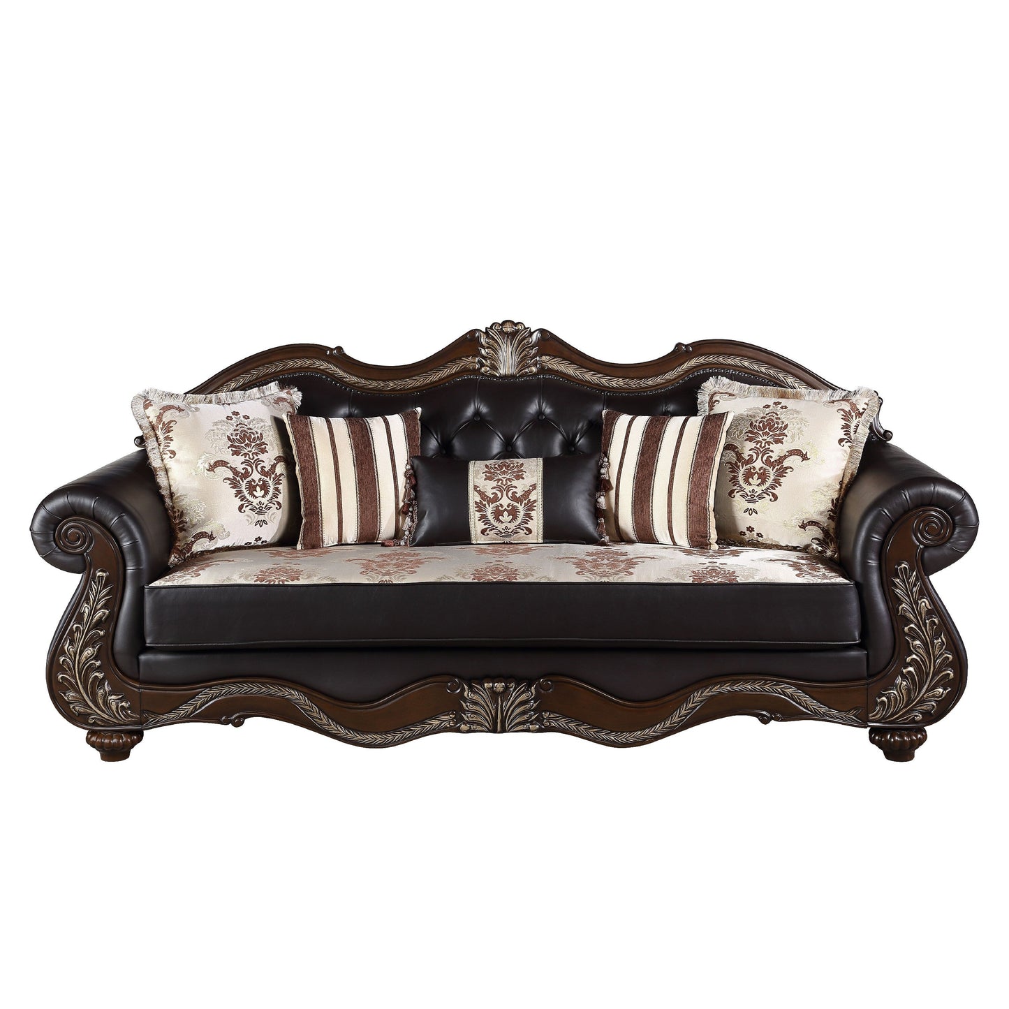 Divano Liana, similpelle nera, legno massello color ciliegio, 93 pollici