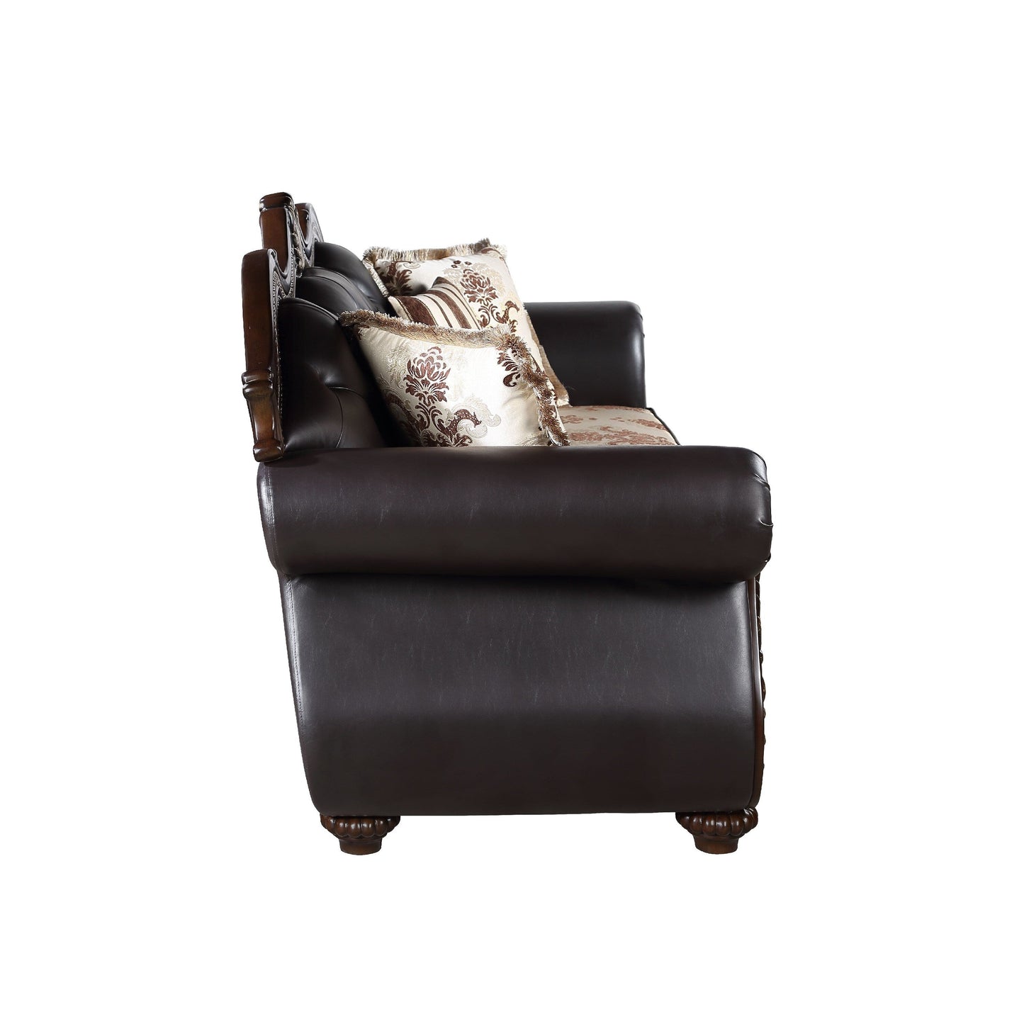 Divano Liana, similpelle nera, legno massello color ciliegio, 93 pollici