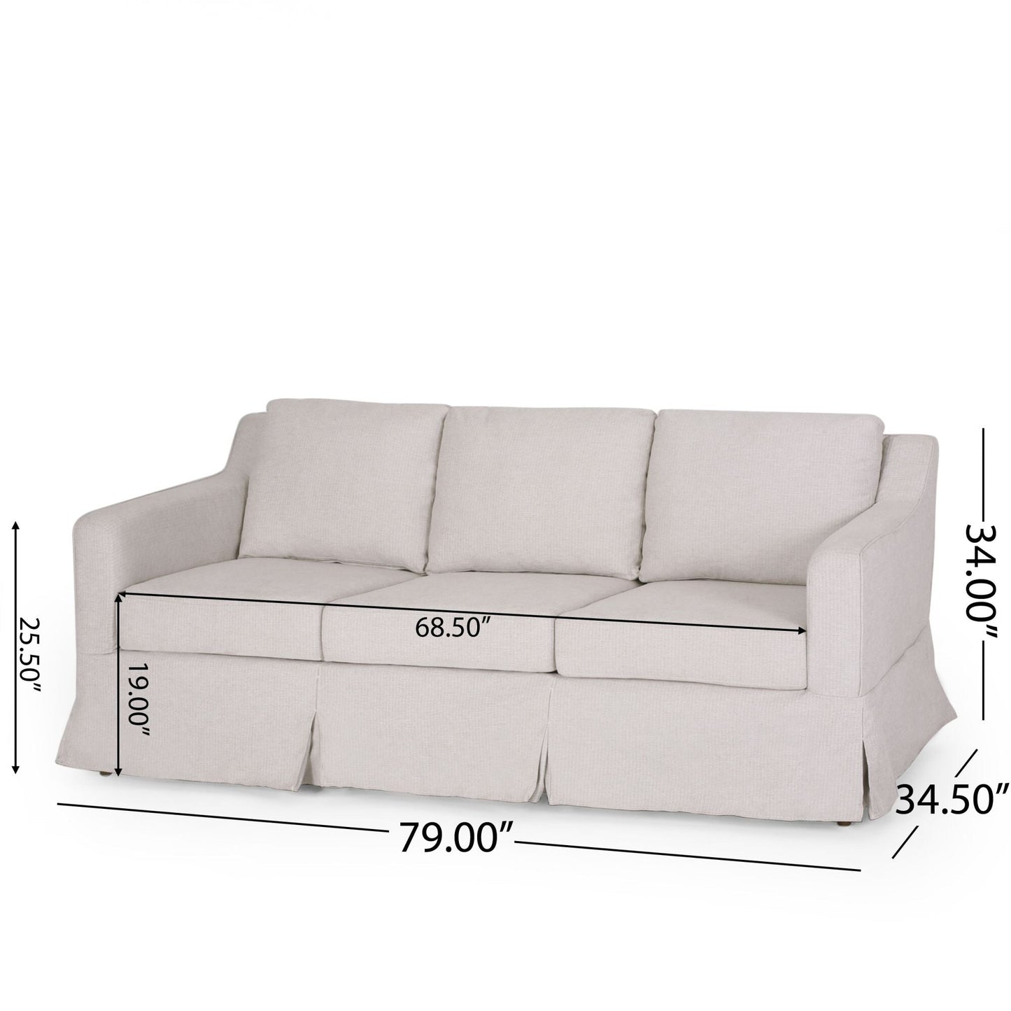 Divano a 3 posti in tessuto a righe beige chiaro con braccioli incassati