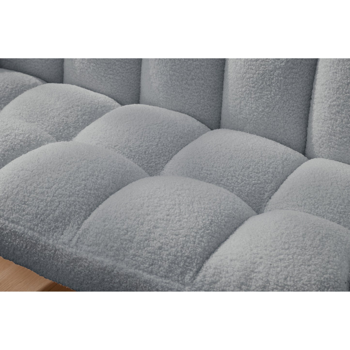 Divano a due posti Teddy azzurro 52 con schienali trapuntati e struttura in legno massello per il soggiorno.