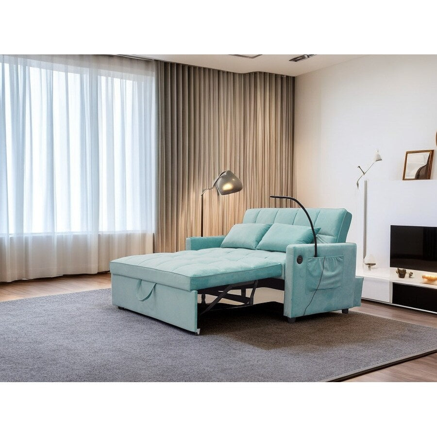 Divano letto trasformabile azzurro con porta telefono