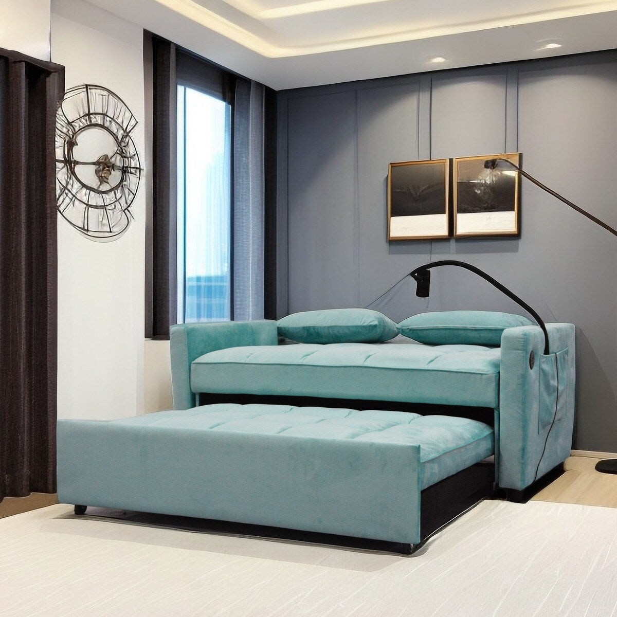 Divano letto trasformabile azzurro con porta telefono