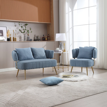 Divano a due posti imbottito in bouclé moderno azzurro chiaro da 51,97 pollici con struttura in metallo e cuscini per soggiorno