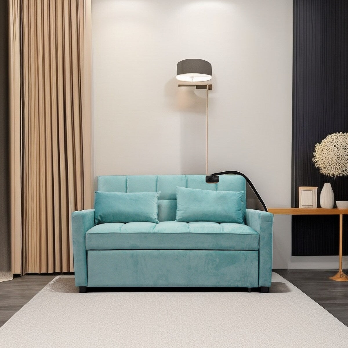 Divano letto trasformabile moderno azzurro 54.33 con schienale reclinabile e porta telefono