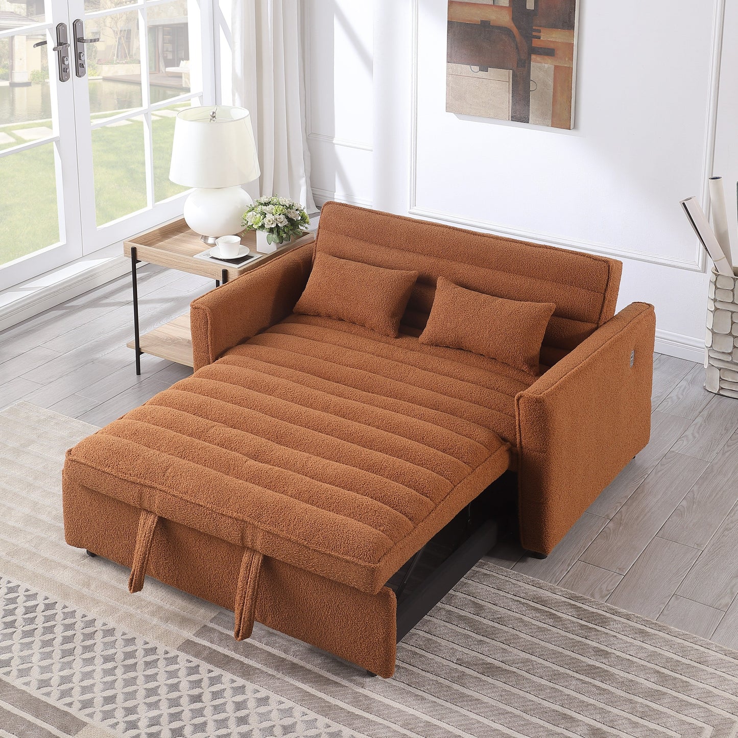 Divano letto trasformabile Boucle Loveseat marrone chiaro 55.12 con schienale regolabile e 2 cuscini per la vita per il soggiorno