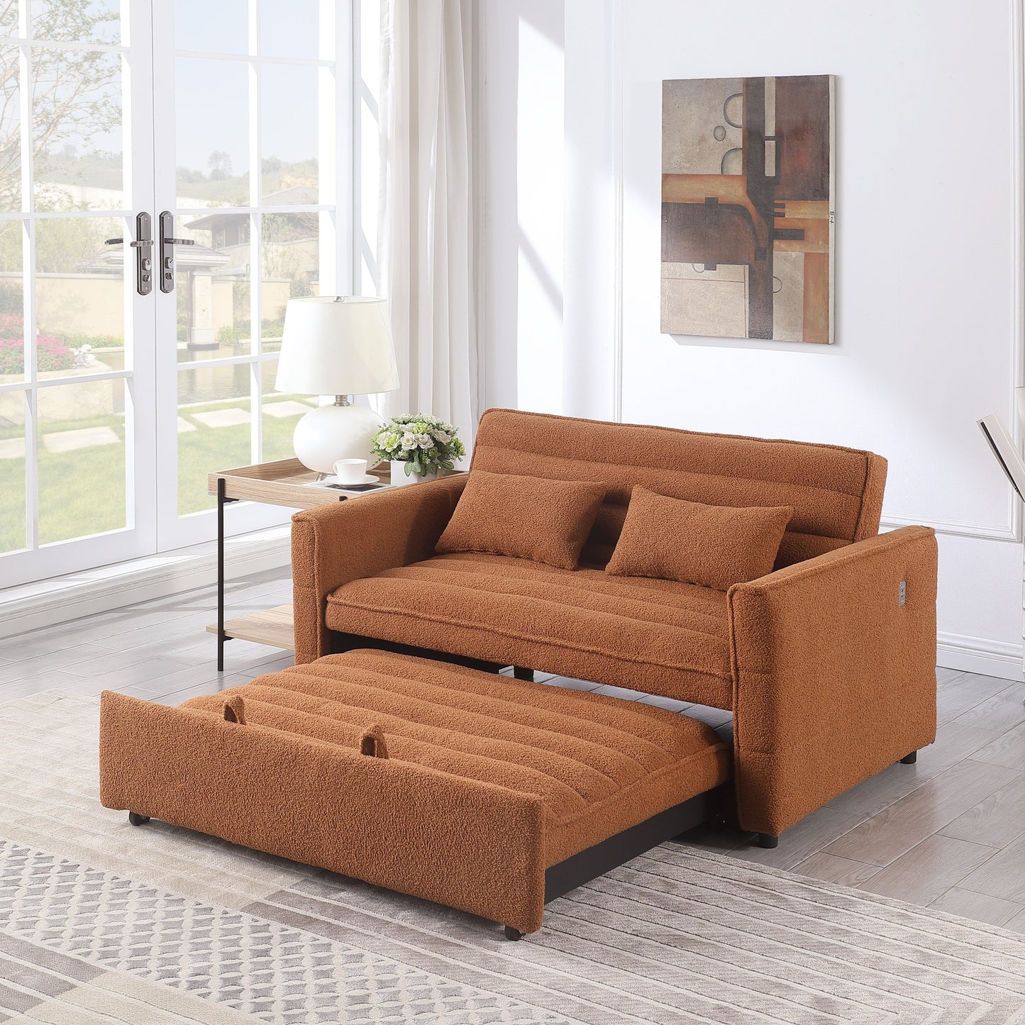 Divano letto trasformabile Boucle Loveseat marrone chiaro 55.12 con schienale regolabile e 2 cuscini per la vita per il soggiorno