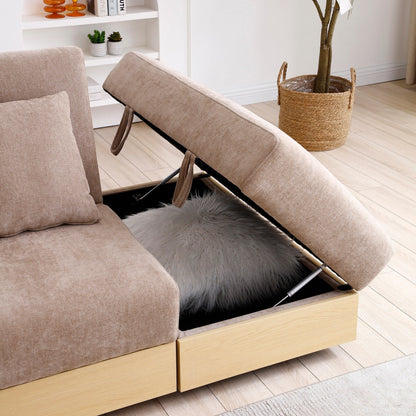 Divano letto trasformabile a 3 posti in cotone e lino marrone chiaro 84,65 con pouf contenitore, tavolo a ribalta, 2 cassetti