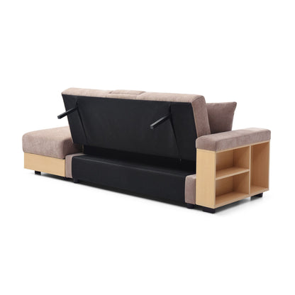 Divano letto trasformabile a 3 posti in cotone e lino marrone chiaro 84,65 con pouf contenitore, tavolo a ribalta, 2 cassetti