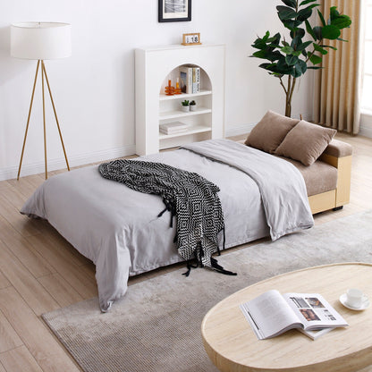 Divano letto trasformabile a 3 posti in cotone e lino marrone chiaro 84,65 con pouf contenitore, tavolo a ribalta, 2 cassetti