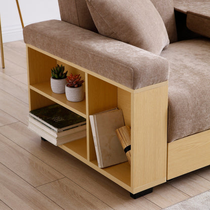 Divano letto trasformabile in lino e cotone marrone chiaro con contenitore