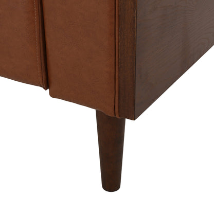 Divano a 3 posti in similpelle marrone chiaro con bottoni trapuntati e gambe in legno di betulla