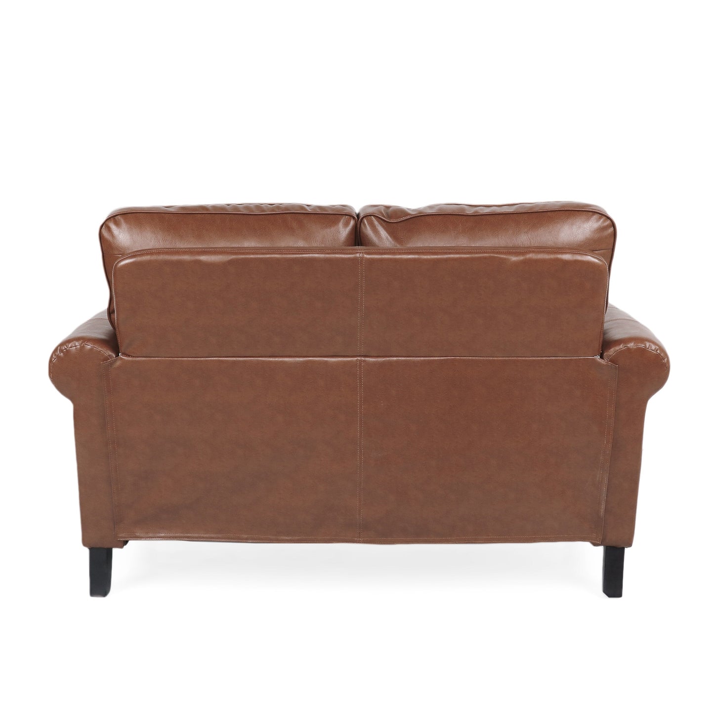 Divano a due posti in similpelle marrone chiaro con gambe in legno di betulla e borchie