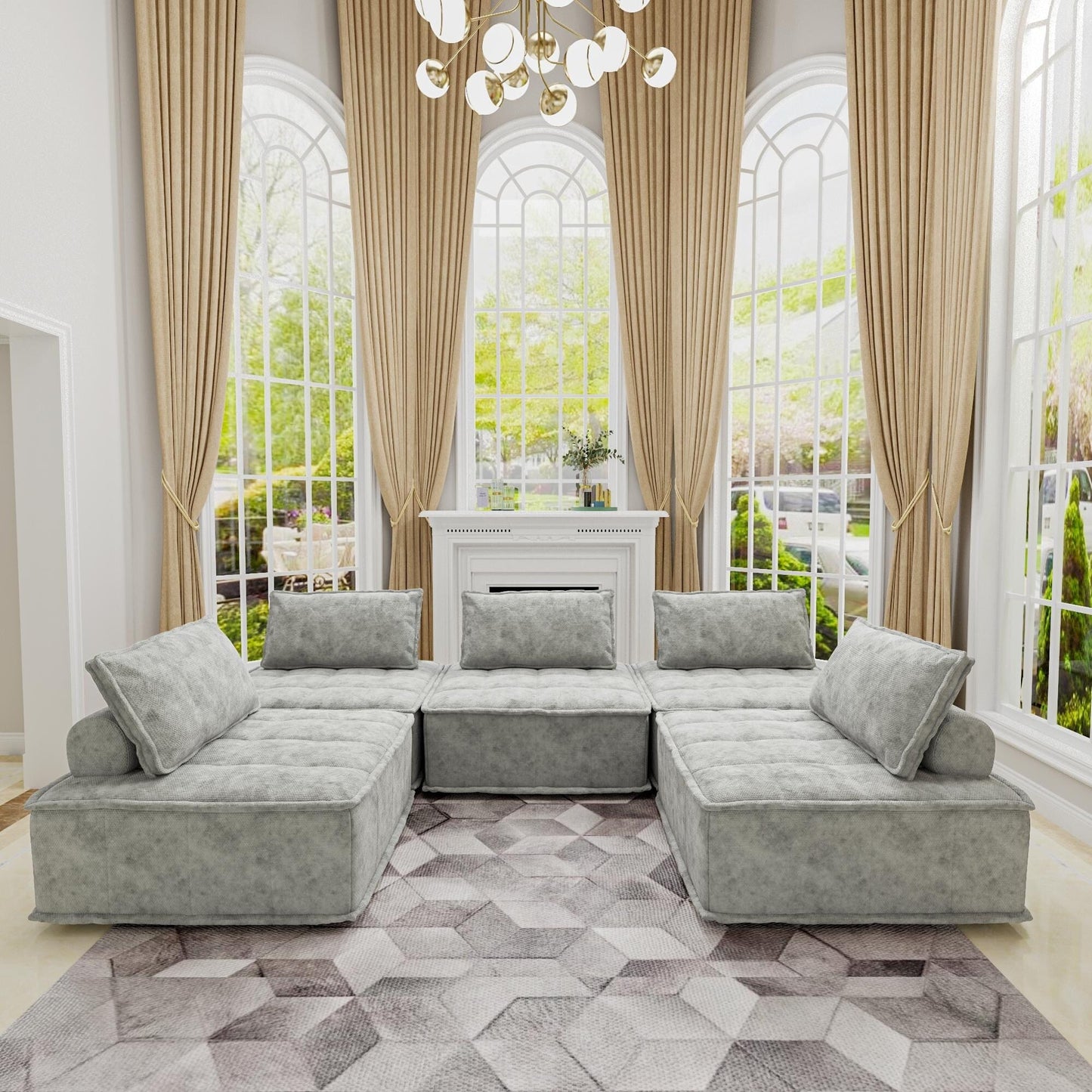 Set di divani modulari in ciniglia grigio chiaro da 5 pezzi