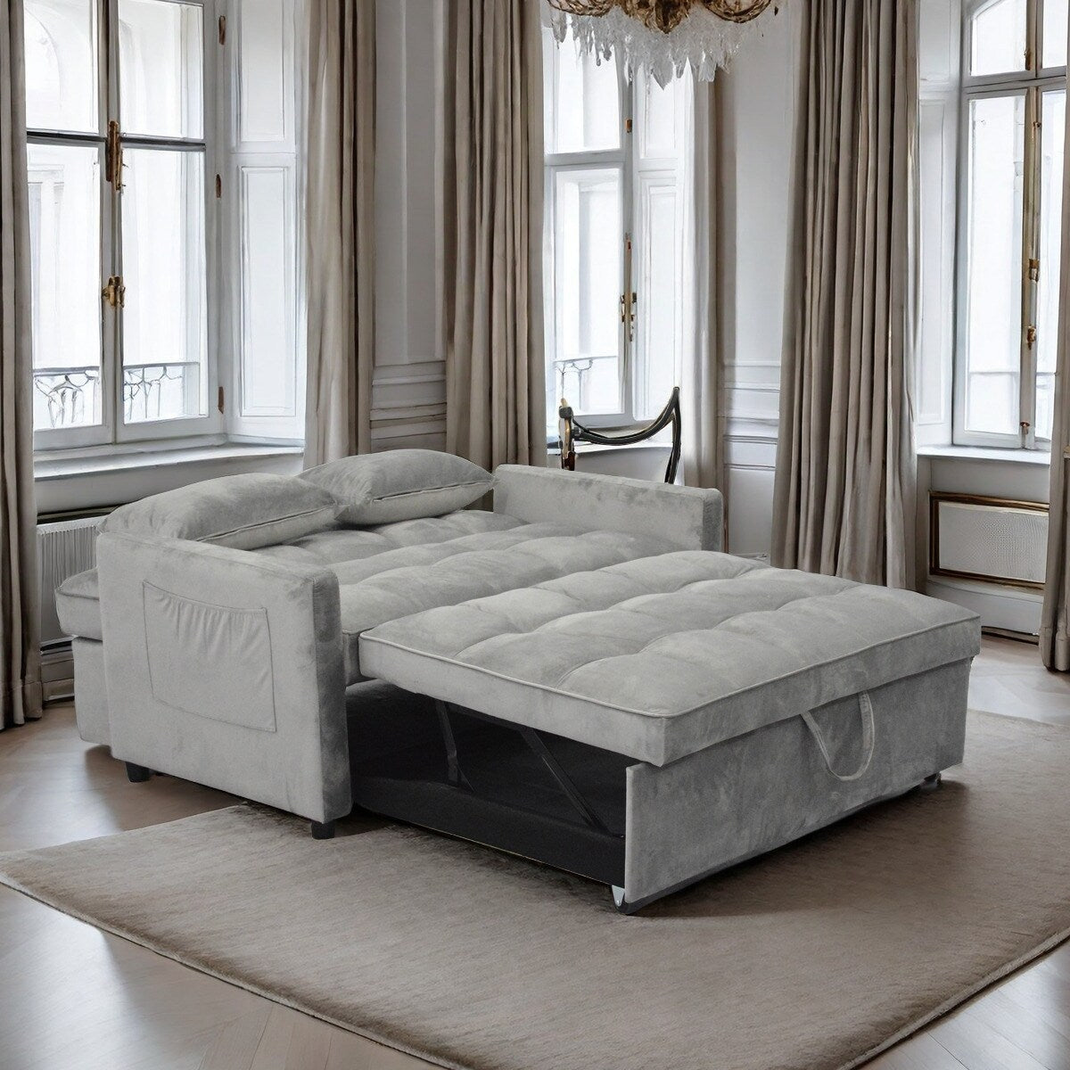 Divano letto trasformabile grigio chiaro con porta telefono