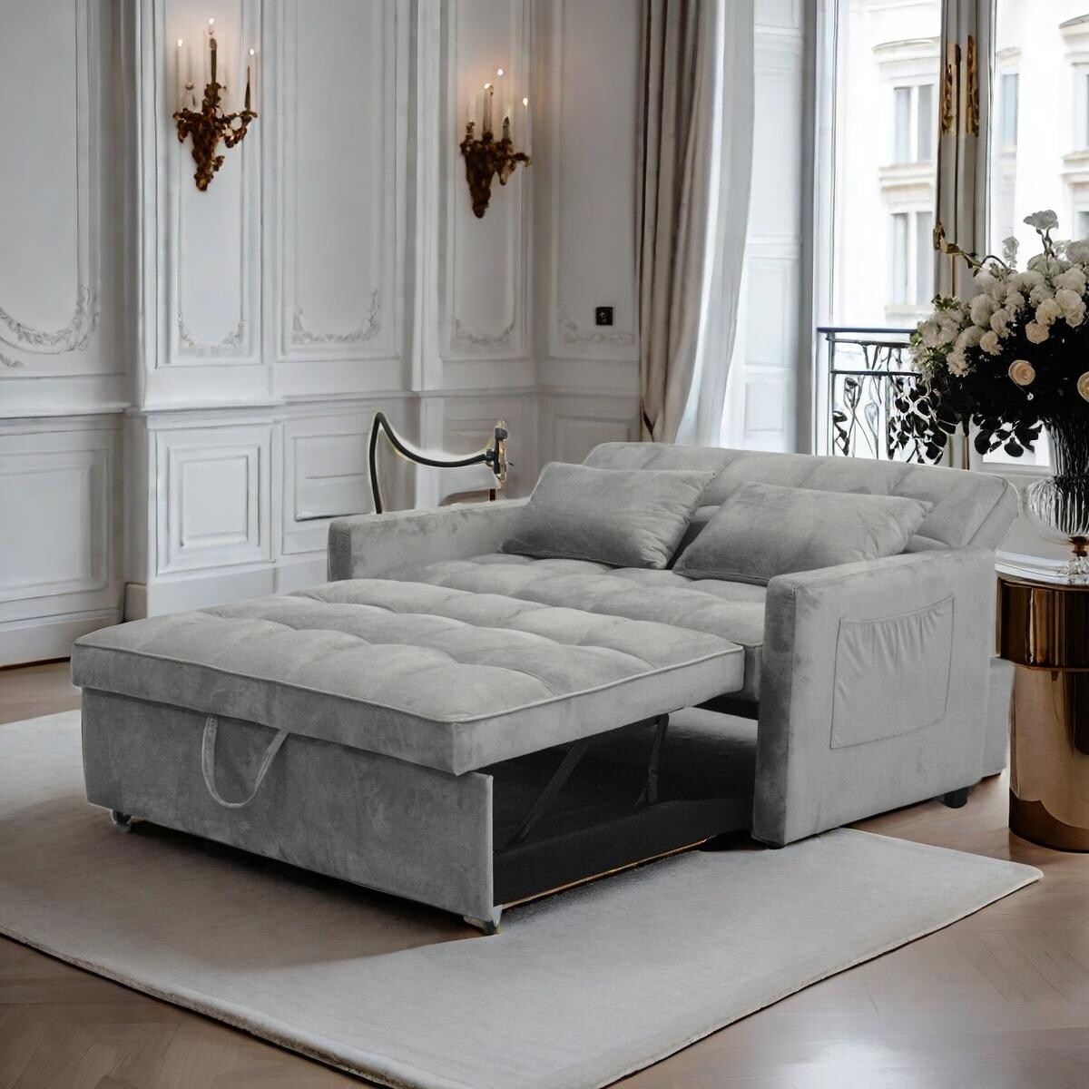 Divano letto trasformabile grigio chiaro con porta telefono