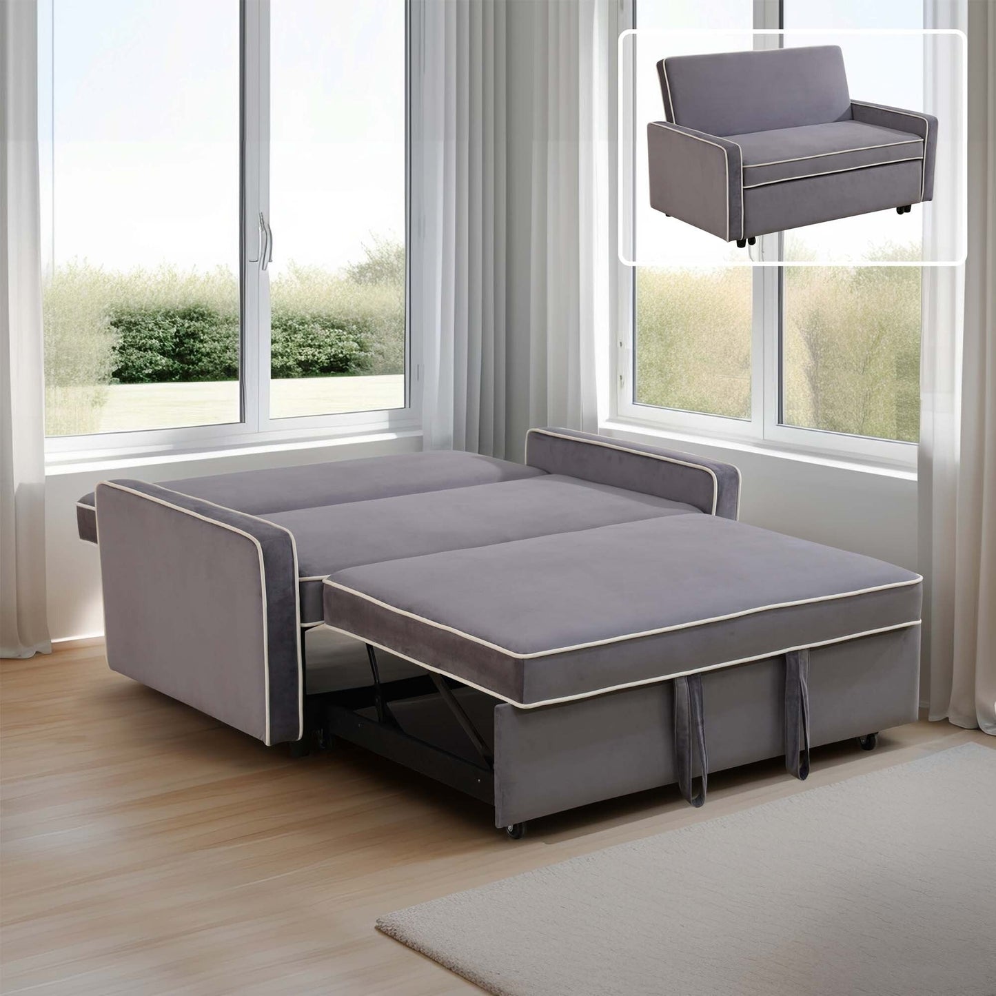 Divano letto monoblocco in tessuto soffice grigio chiaro per soggiorno