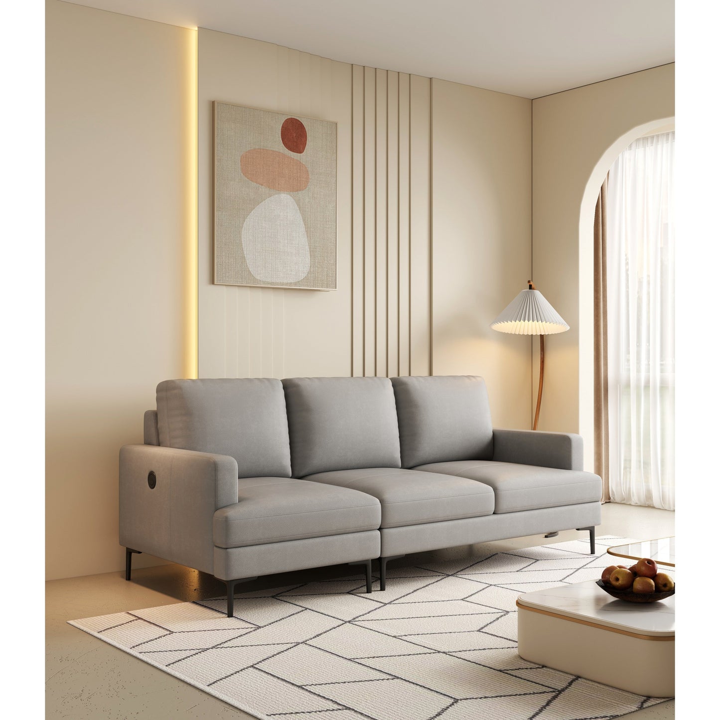 Divano a 3 posti in vera pelle grigio chiaro di lusso 77 con caricabatterie USB per soggiorno