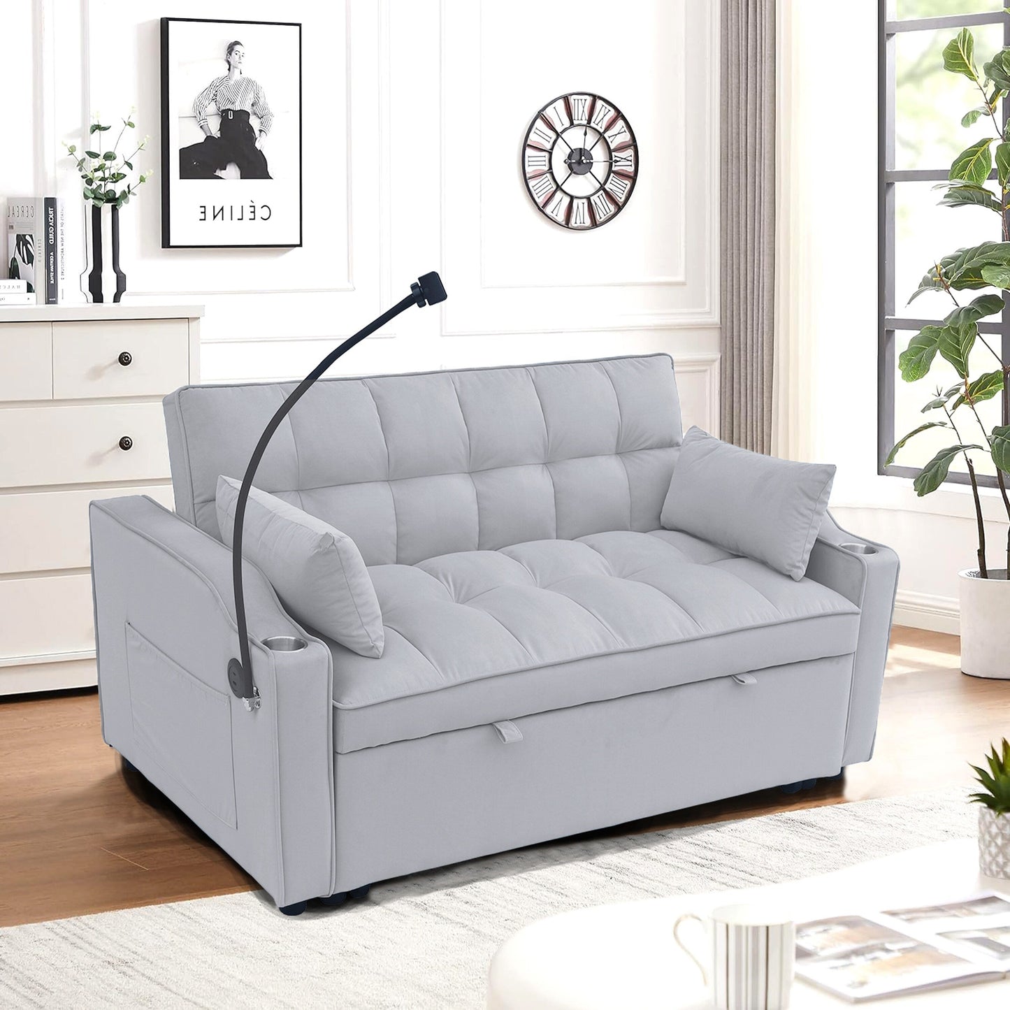 Divano letto trasformabile 3 in 1 in velluto grigio chiaro moderno 70.2 con schienale regolabile e porta di ricarica USB per soggiorno