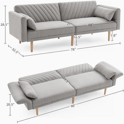 Divano letto futon moderno grigio chiaro da 78 posti con 2 cuscini e schienale per soggiorno