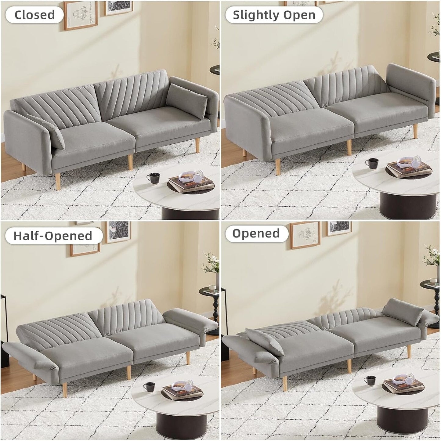 Divano letto futon moderno grigio chiaro da 78 posti con 2 cuscini e schienale per soggiorno