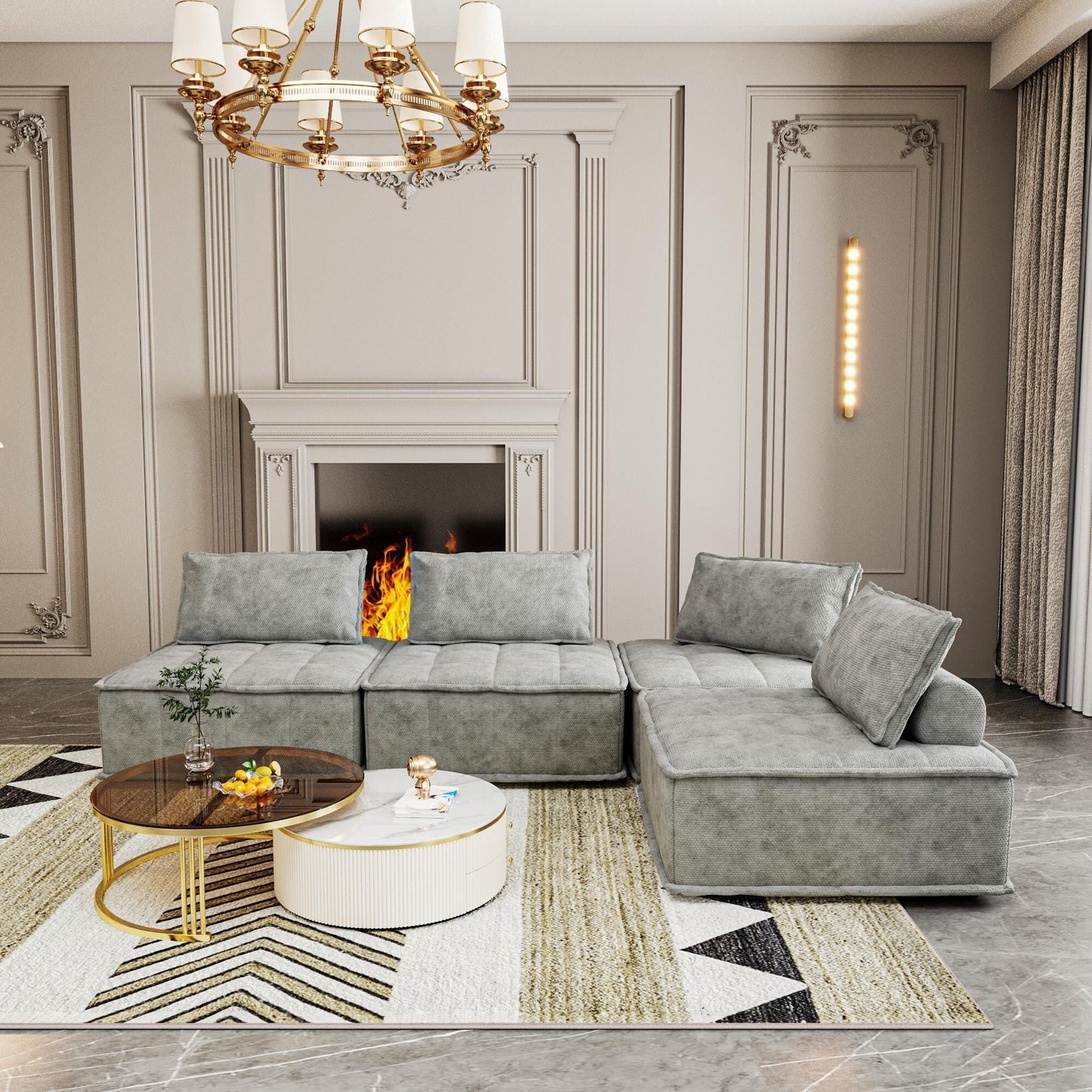 Set di divani modulari quadrati in ciniglia grigio chiaro di grandi dimensioni, 4 pezzi, con cuscini in schiuma ad alta densità, combinazione libera