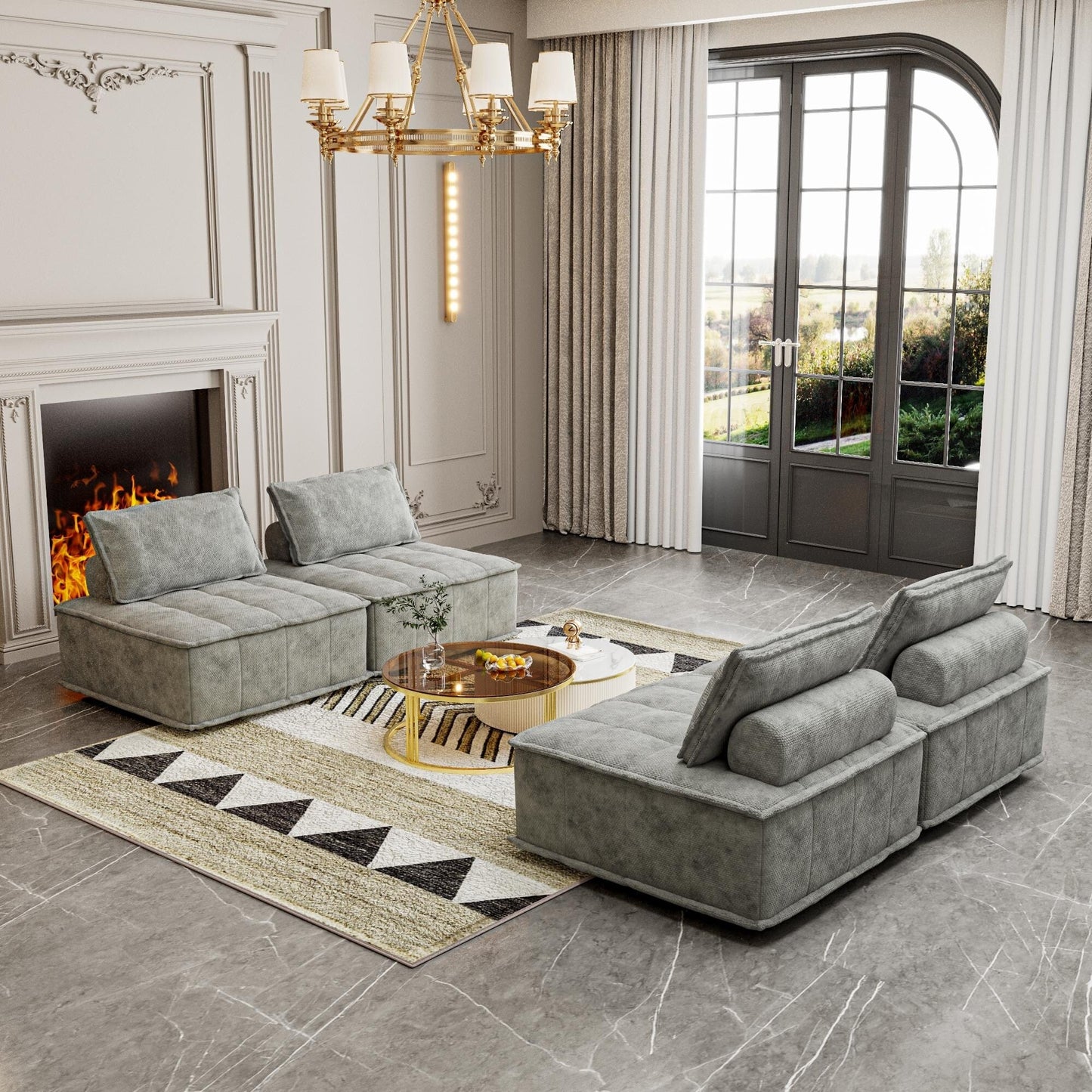 Set di divani modulari quadrati in ciniglia grigio chiaro di grandi dimensioni, 4 pezzi, con cuscini in schiuma ad alta densità, combinazione libera