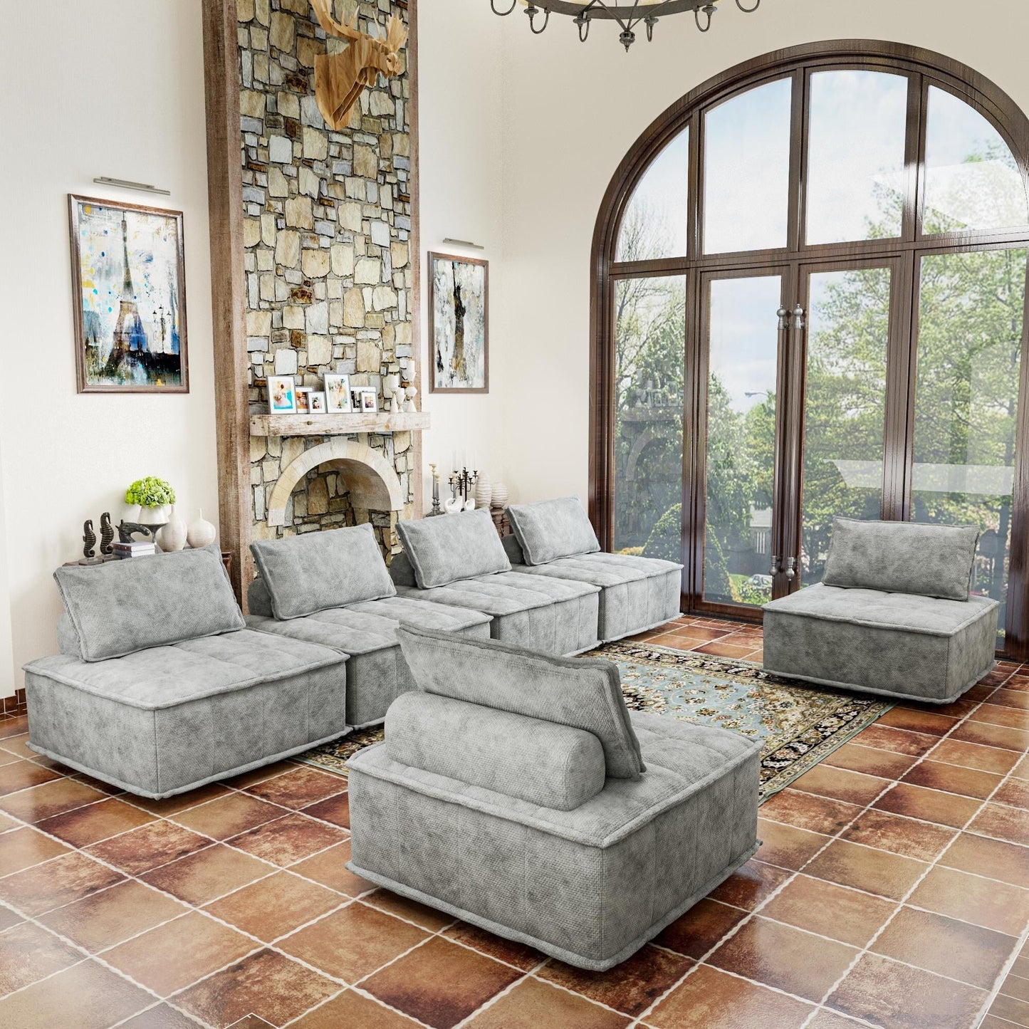 Set di divani modulari quadrati in ciniglia grigio chiaro, 6 pezzi, di grandi dimensioni, con cuscini in schiuma ad alta densità, combinazione libera