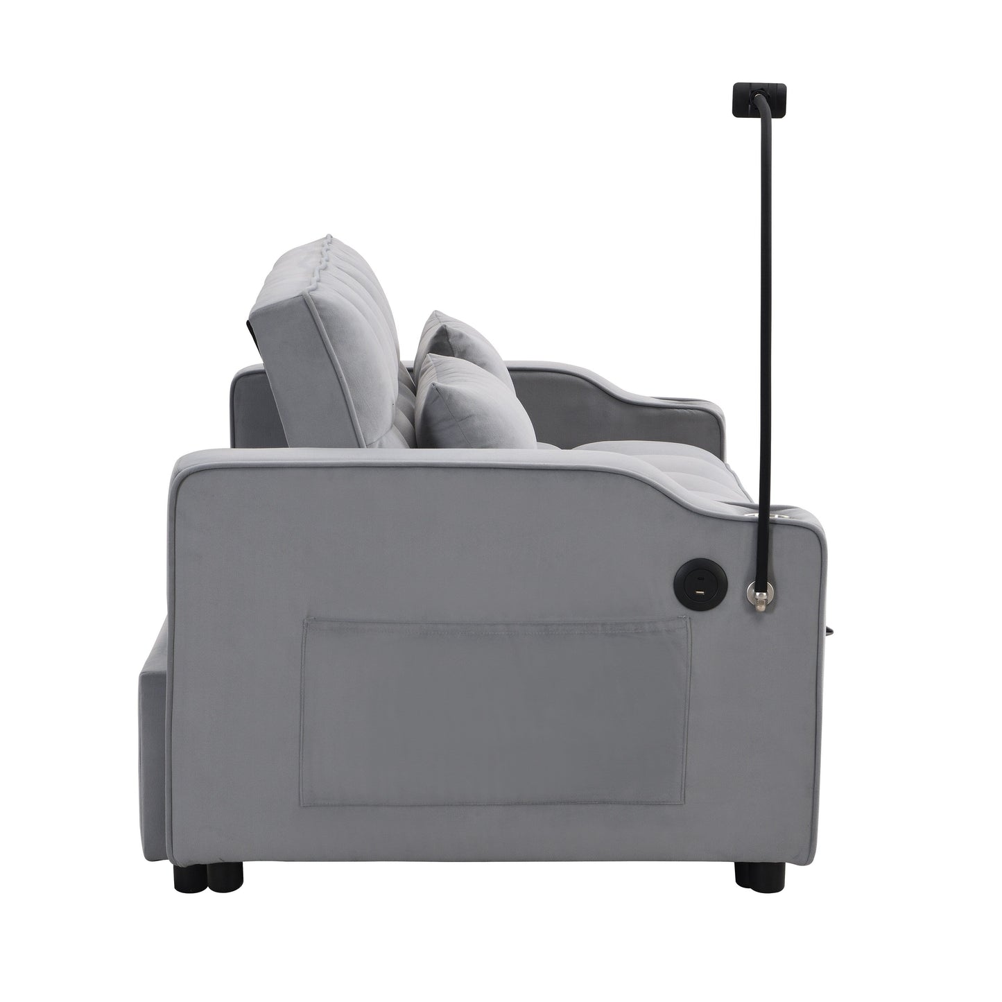 Divano letto trasformabile in velluto grigio chiaro con schienale regolabile