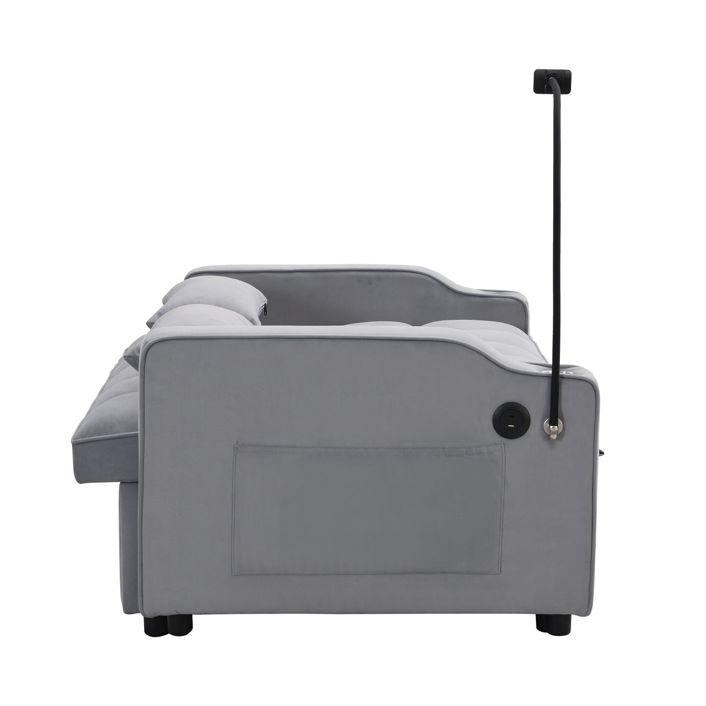 Divano letto trasformabile in velluto grigio chiaro con schienale regolabile