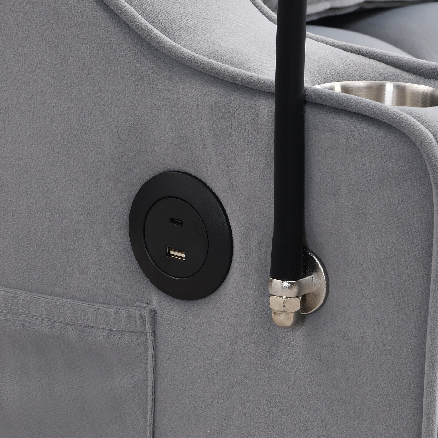 Divano letto trasformabile in velluto grigio chiaro con schienale regolabile