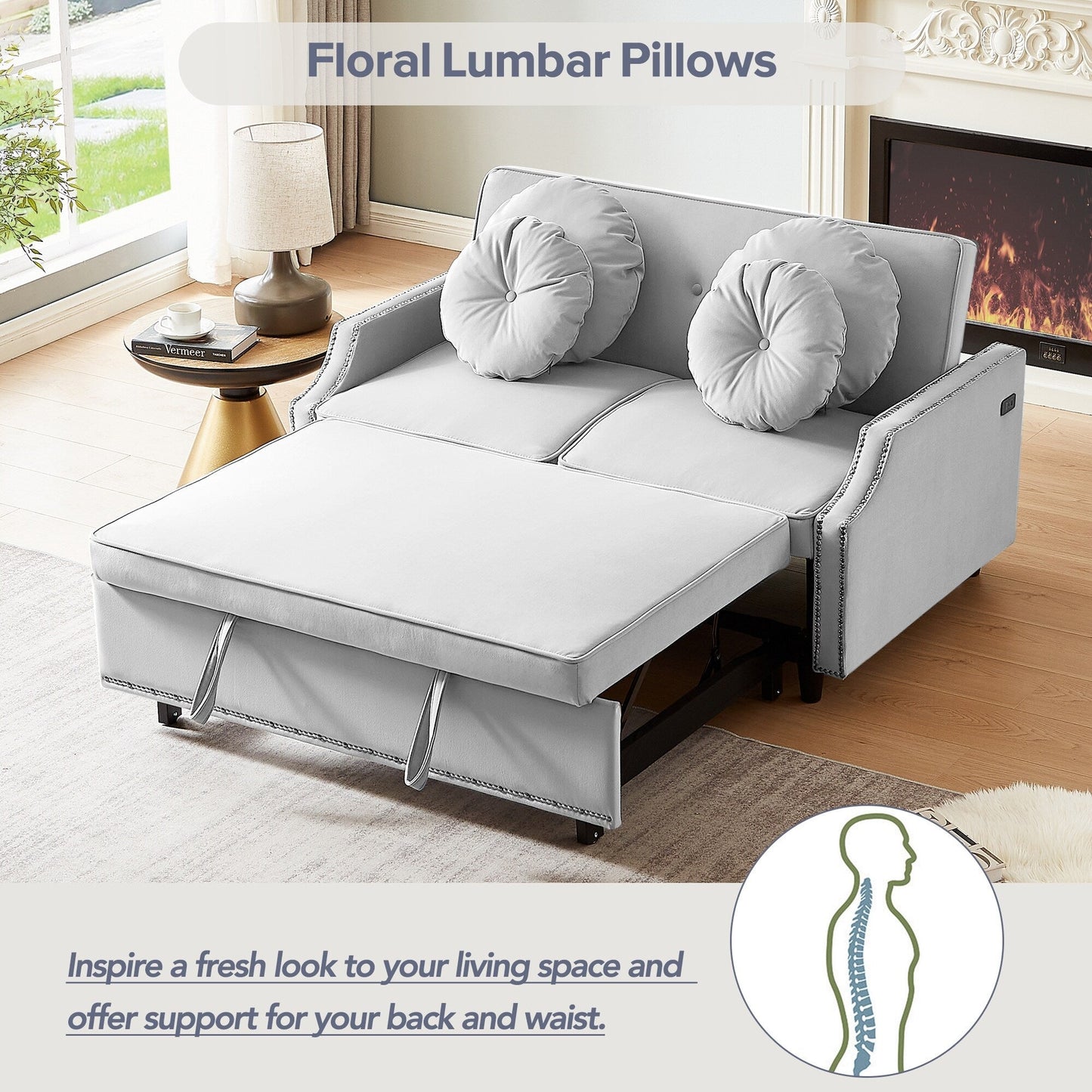Divano letto regolabile in poliestere grigio chiaro da 54,7 pollici con due porte USB e quattro cuscini lombari floreali