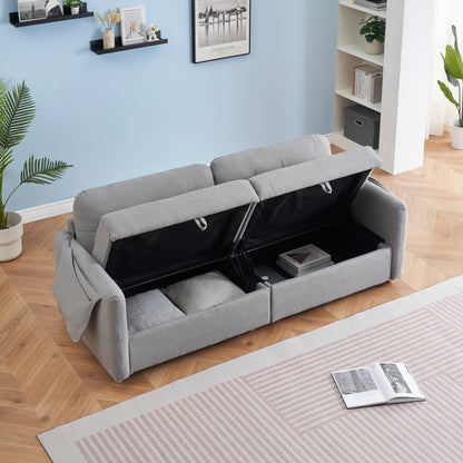 Divano contenitore a 3 posti imbottito in tessuto Teddy grigio chiaro 79,50 con seduta nascosta per soggiorno