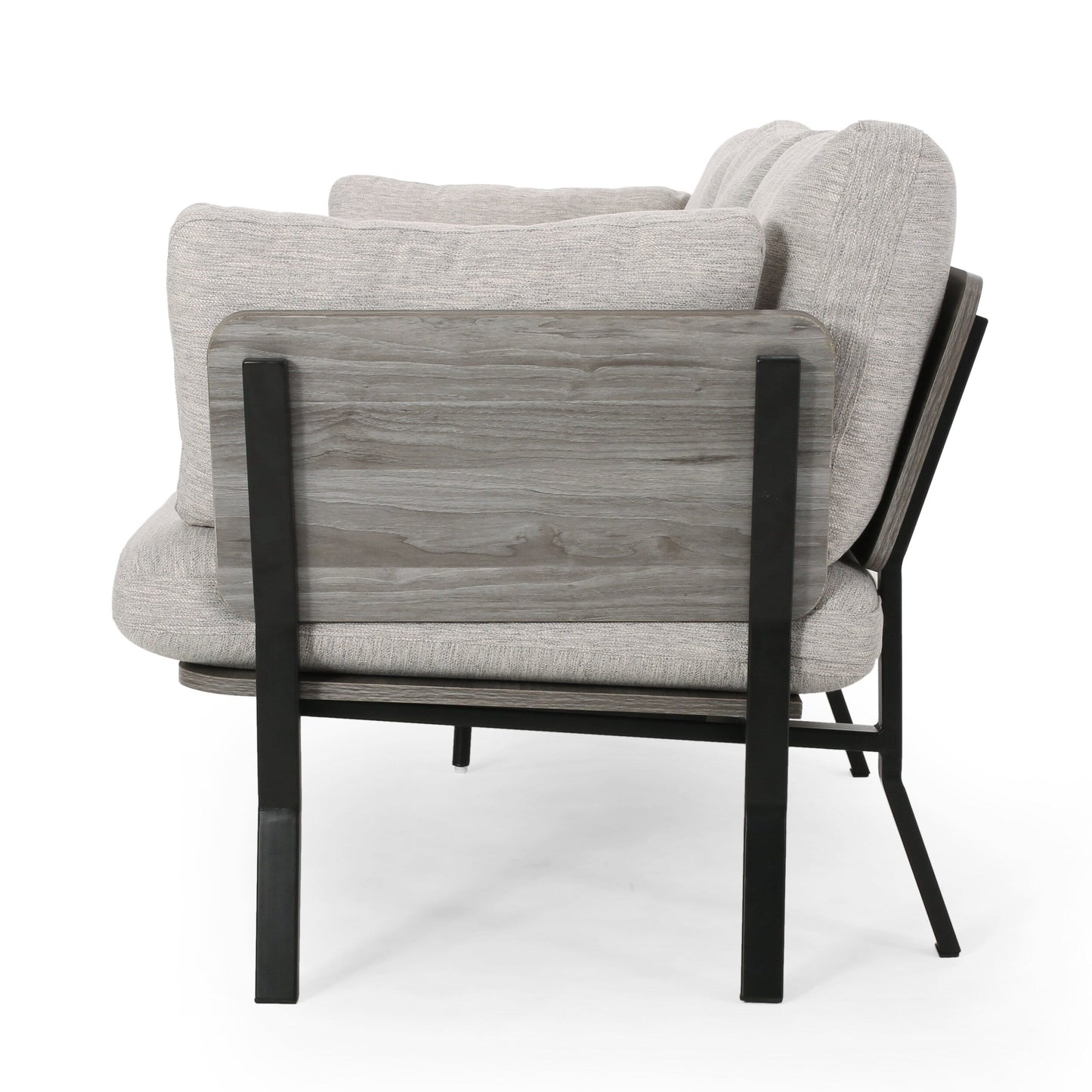 Divano moderno grigio chiaro 80.25 a 3 posti con braccioli svasati, cuscini e gambe in legno per soggiorno