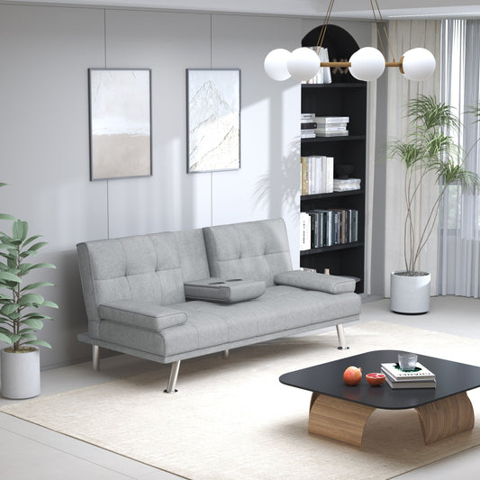 Divano letto imbottito grigio chiaro con portabicchieri
