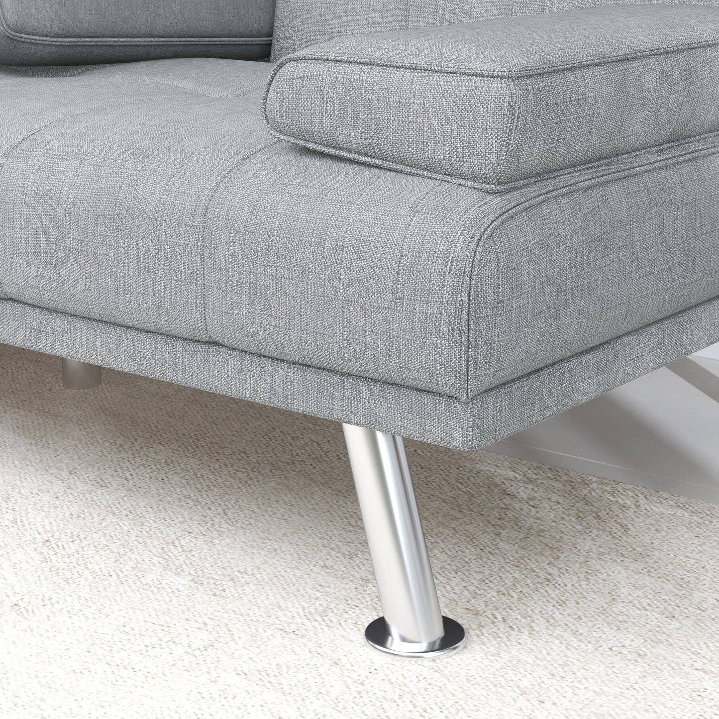 Divano letto imbottito grigio chiaro con portabicchieri