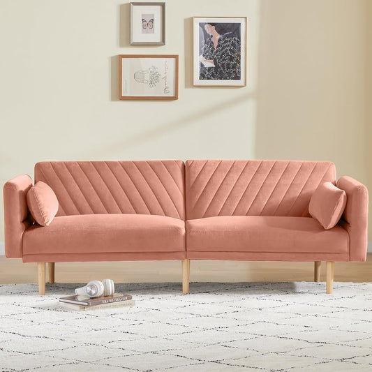 Divano letto futon convertibile rosa chiaro con cuscini
