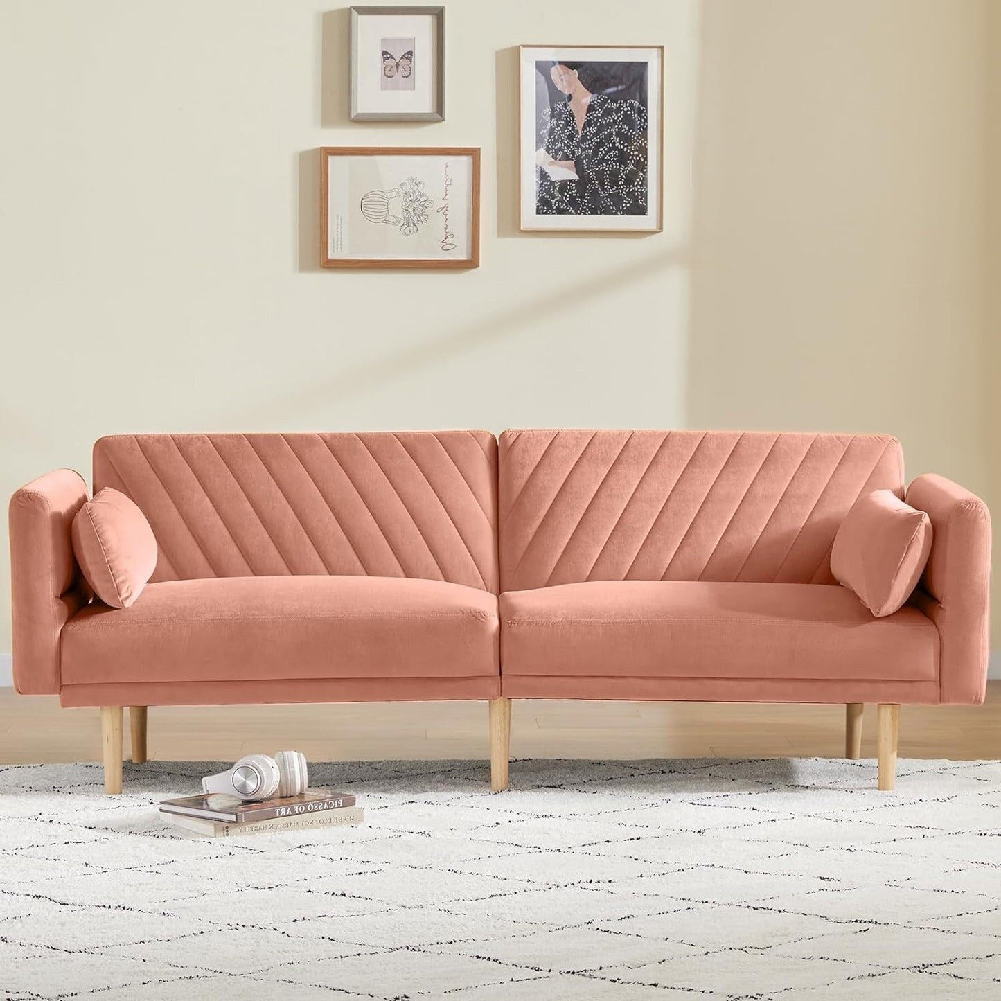 Divano letto futon moderno rosa chiaro da 78 posti con 2 cuscini e schienale per soggiorno