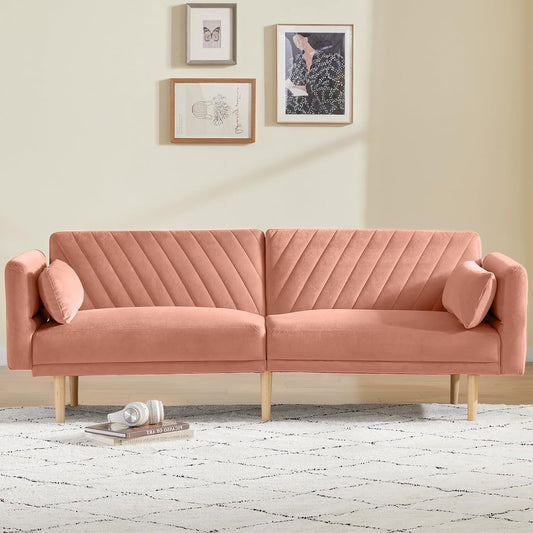 Divano letto futon moderno rosa chiaro da 78 posti con 2 cuscini e schienale per soggiorno