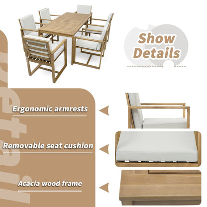 Set da pranzo da esterno in legno di teak chiaro da 7 pezzi con cuscino grigio beige chiaro e foro per ombrellone