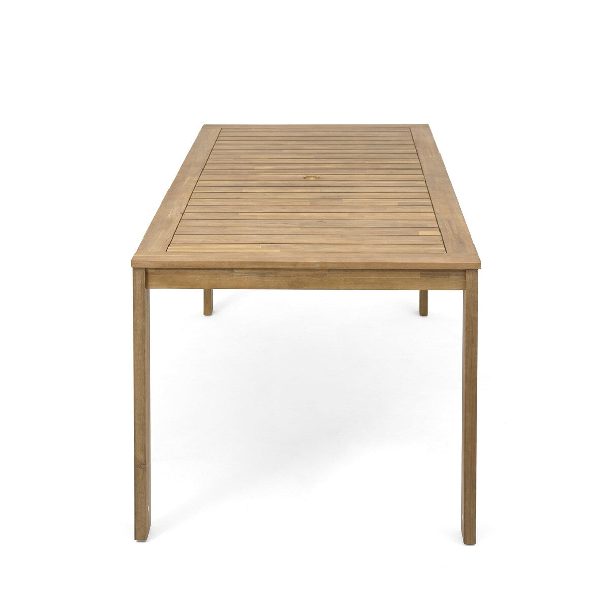 Set da pranzo da esterno in legno di teak chiaro da 7 pezzi con cuscino grigio beige chiaro e foro per ombrellone