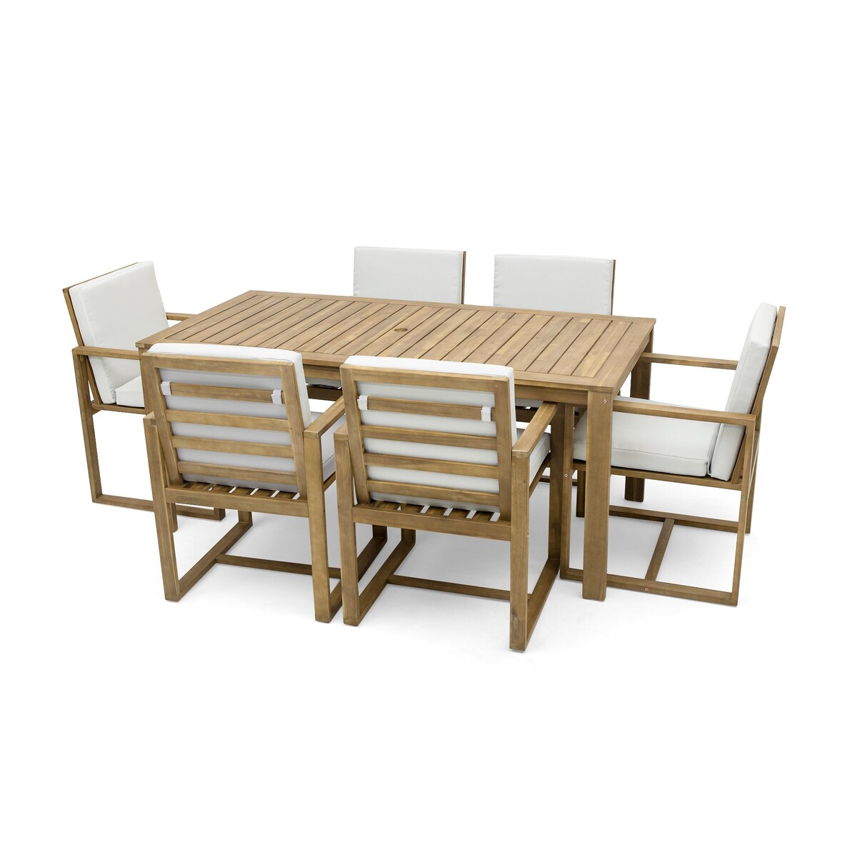 Set da pranzo da esterno in legno di teak chiaro da 7 pezzi con cuscino grigio beige chiaro e foro per ombrellone