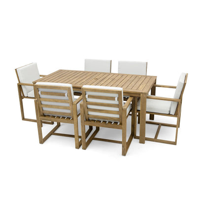 Set da pranzo da esterno in legno di teak chiaro da 7 pezzi con cuscino grigio beige chiaro e foro per ombrellone